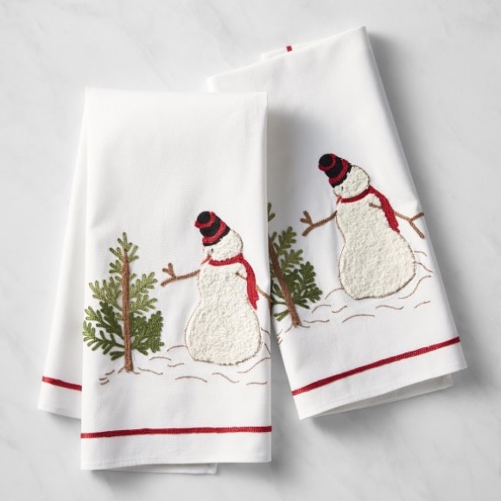 Williams Sonoma Snowman Embroidered Towels - Set of 2